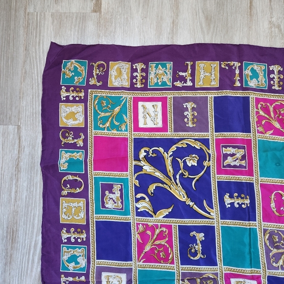 VTG Georgiou 100% Silk Scarf Purple Pink Blue Letters Squares 34x33 - Picture 6 of 12